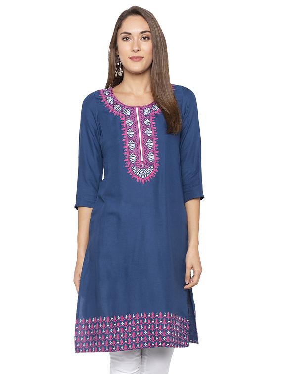 neck & hem printed straight kurta - 16077891 - Zoom Image - 0