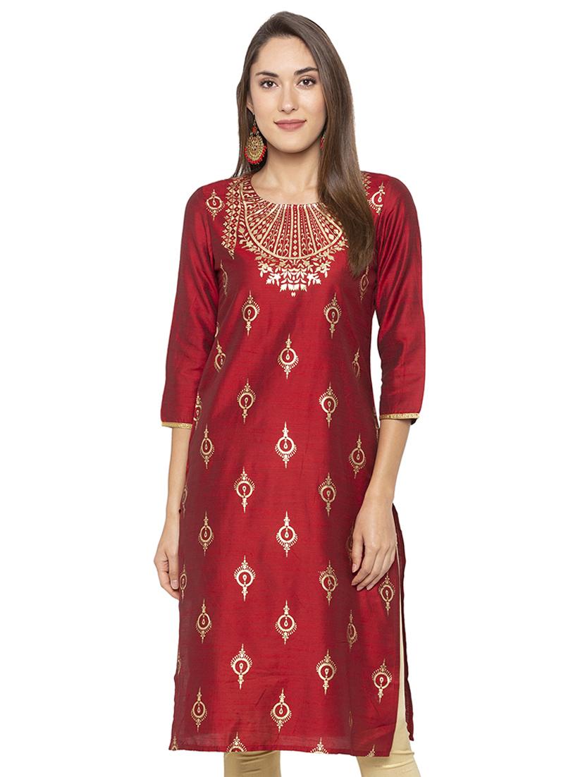 gold foil printed straight kurta - 16077916 -  Zoom Image - 0