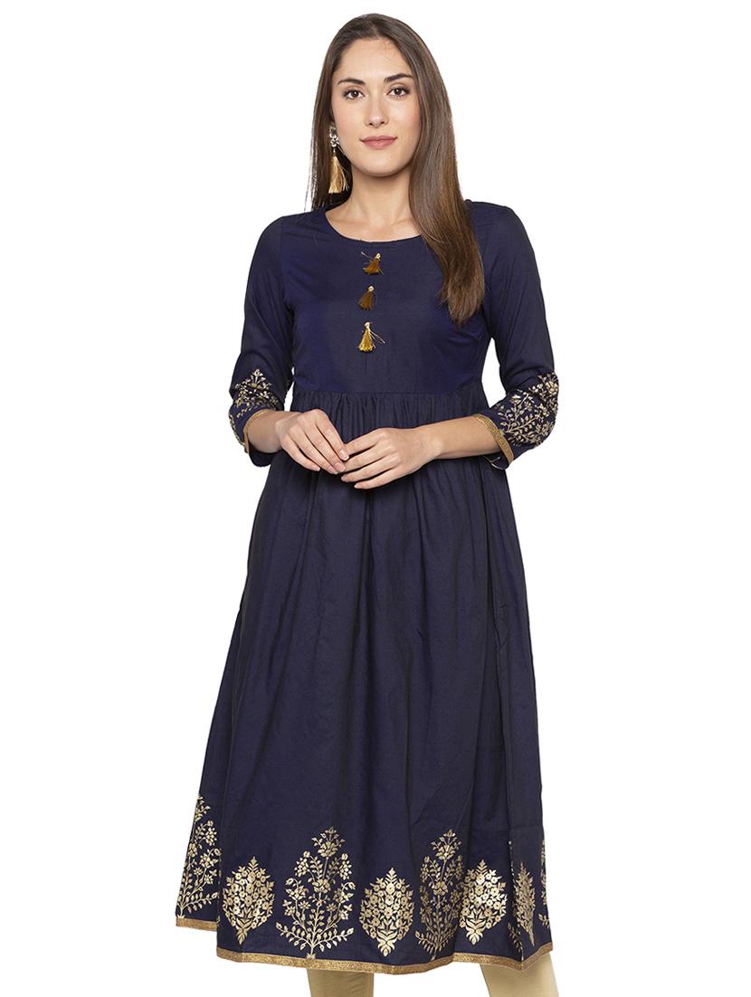 tassels detail block printed anarkali kurta - 16077948 - Zoom Image - 0