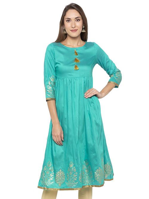 tassels detail block printed anarkali kurta - 16077949 - Standard Image - 0
