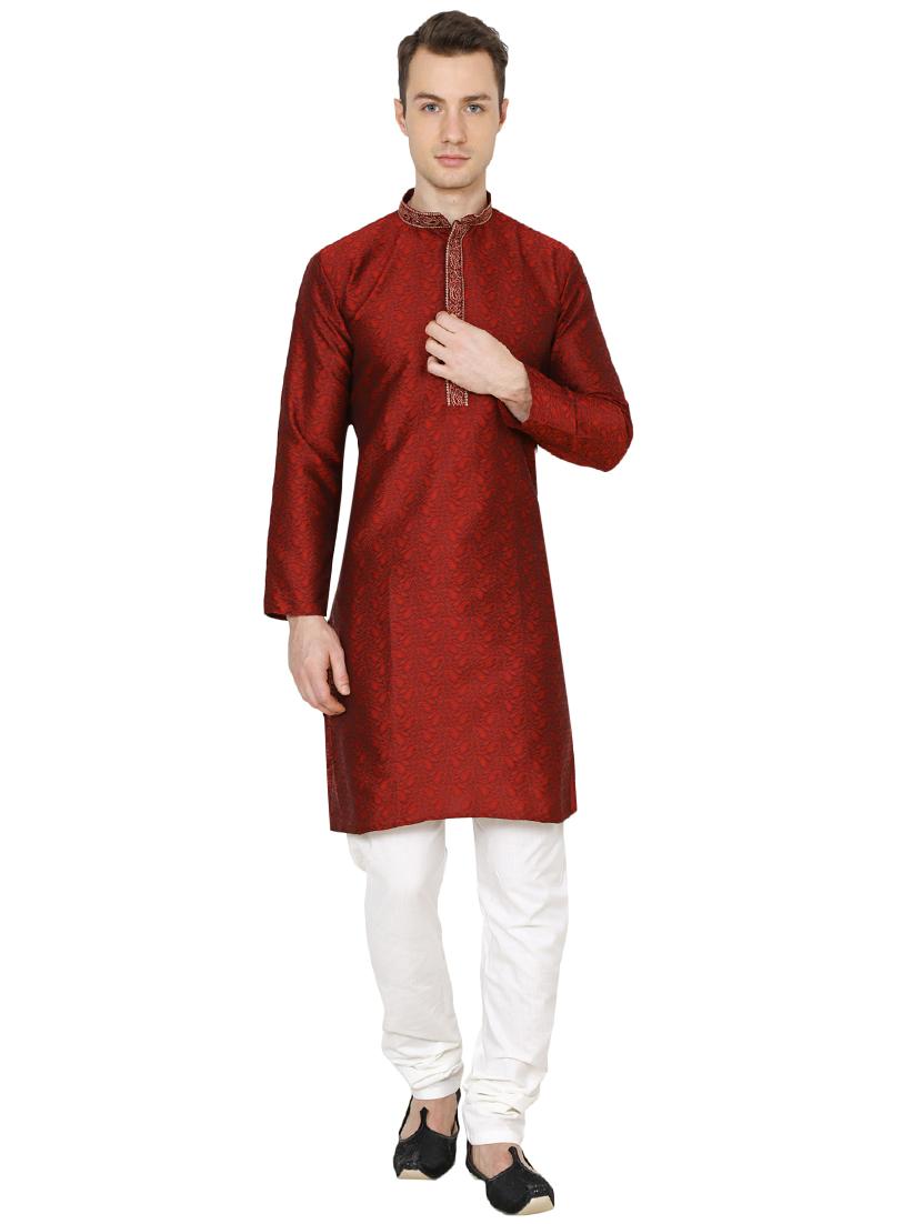 red silk blend long kurta - 16079702 -  Zoom Image - 0