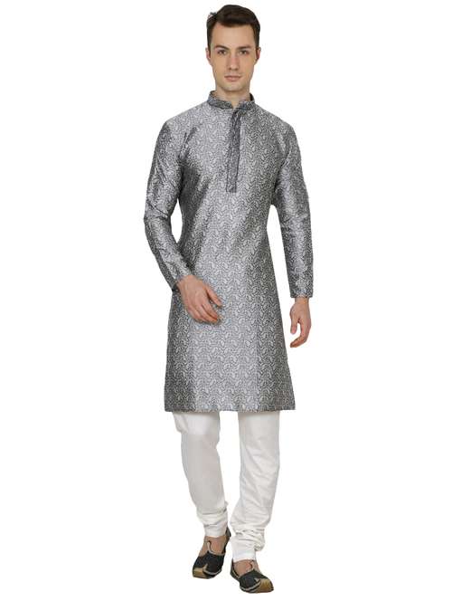 silver silk blend long kurta - 16079704 -  Standard Image - 0