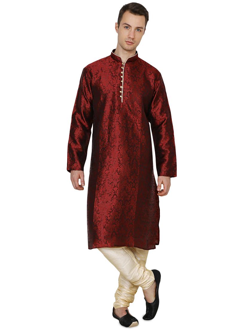 red silk blend long kurta - 16079708 -  Zoom Image - 0