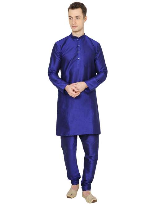blue silk blend long kurta - 16079713 - Standard Image - 0