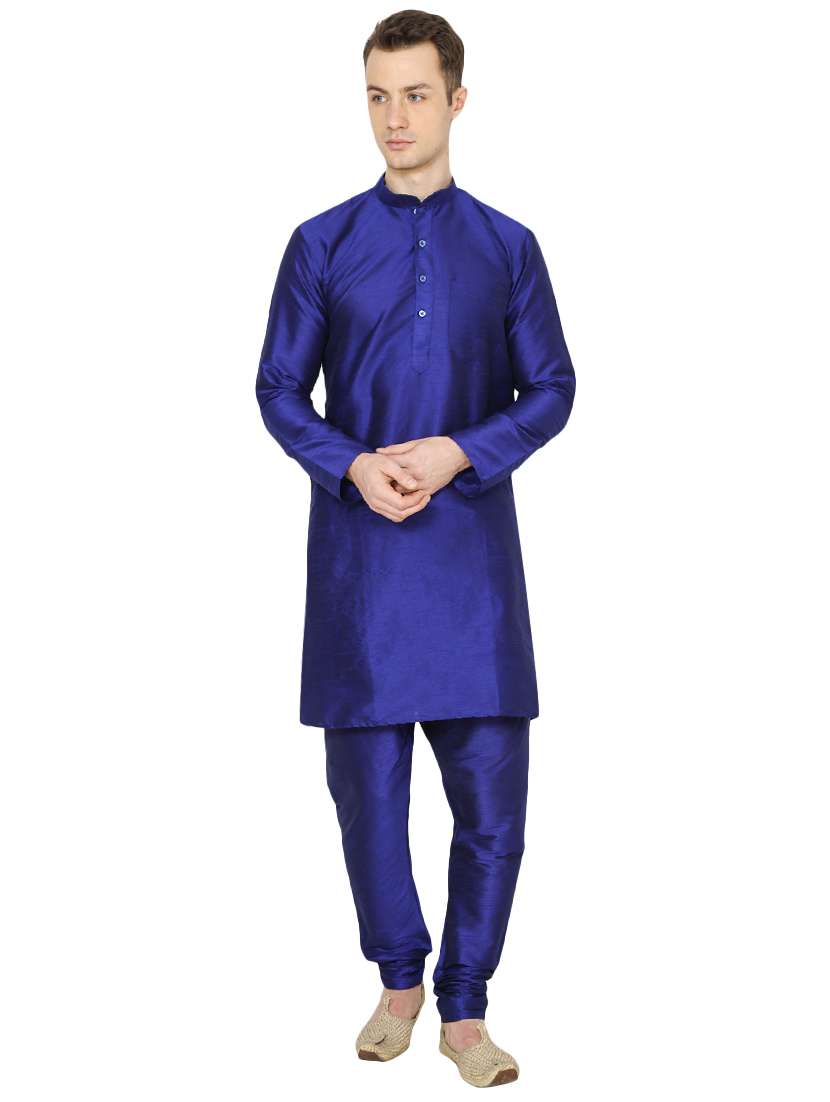 blue silk blend long kurta - 16079713 - Zoom Image - 0
