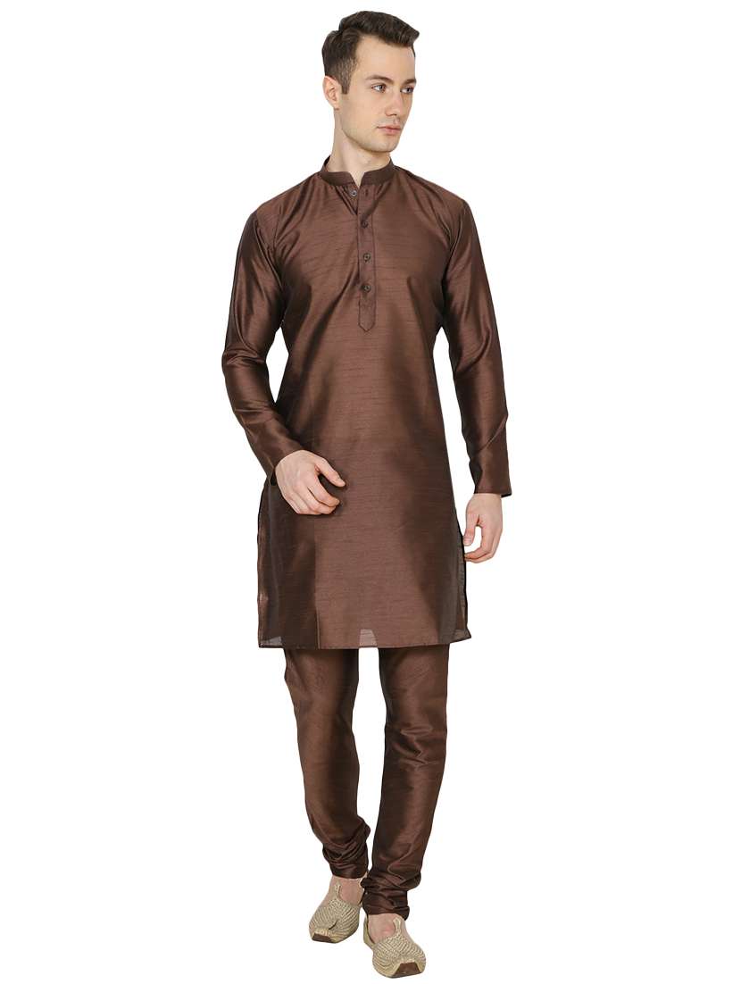 brown silk blend long kurta - 16079720 - Zoom Image - 0