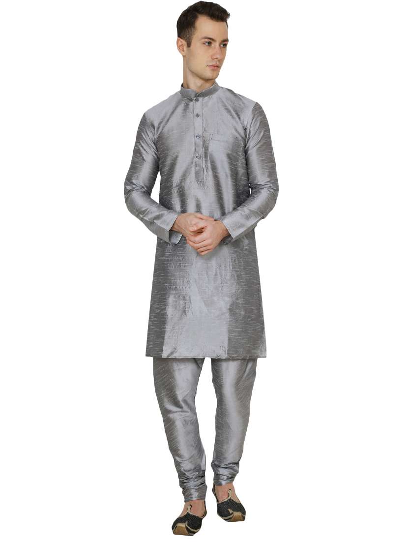 silver silk blend long kurta - 16079721 - Zoom Image - 0