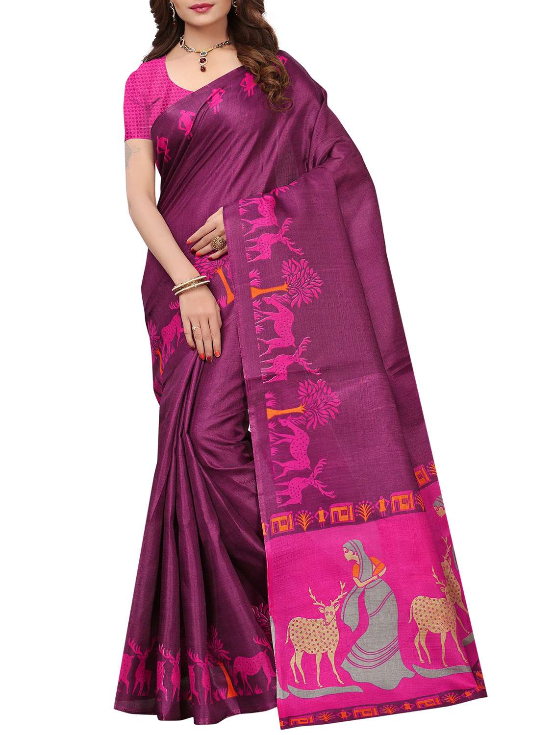 magenta khadi printed saree with blouse