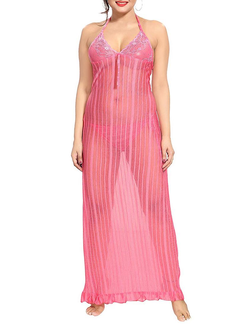 halter neck lace detail nighty with panty - 16098337 -  Zoom Image - 0