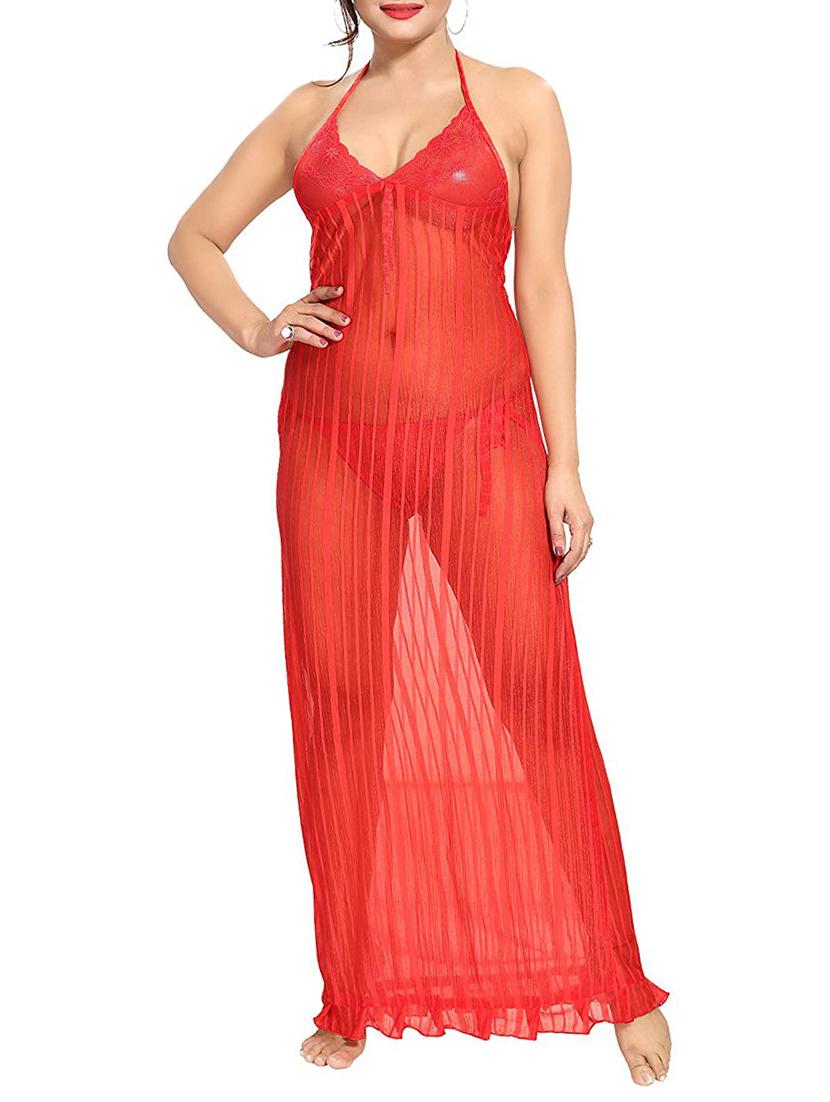 halter neck lace detail nighty with panty - 16098341 -  Zoom Image - 0
