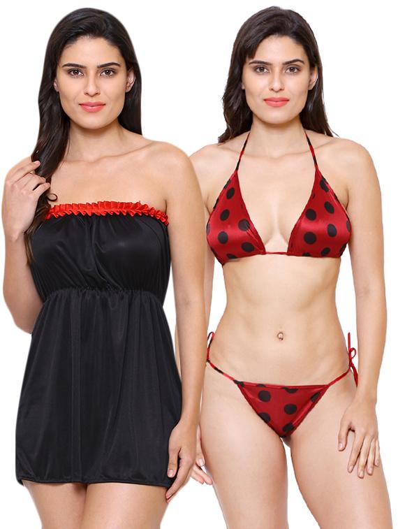 off shoulder nighty and bikini set - 16104461 - Zoom Image - 0