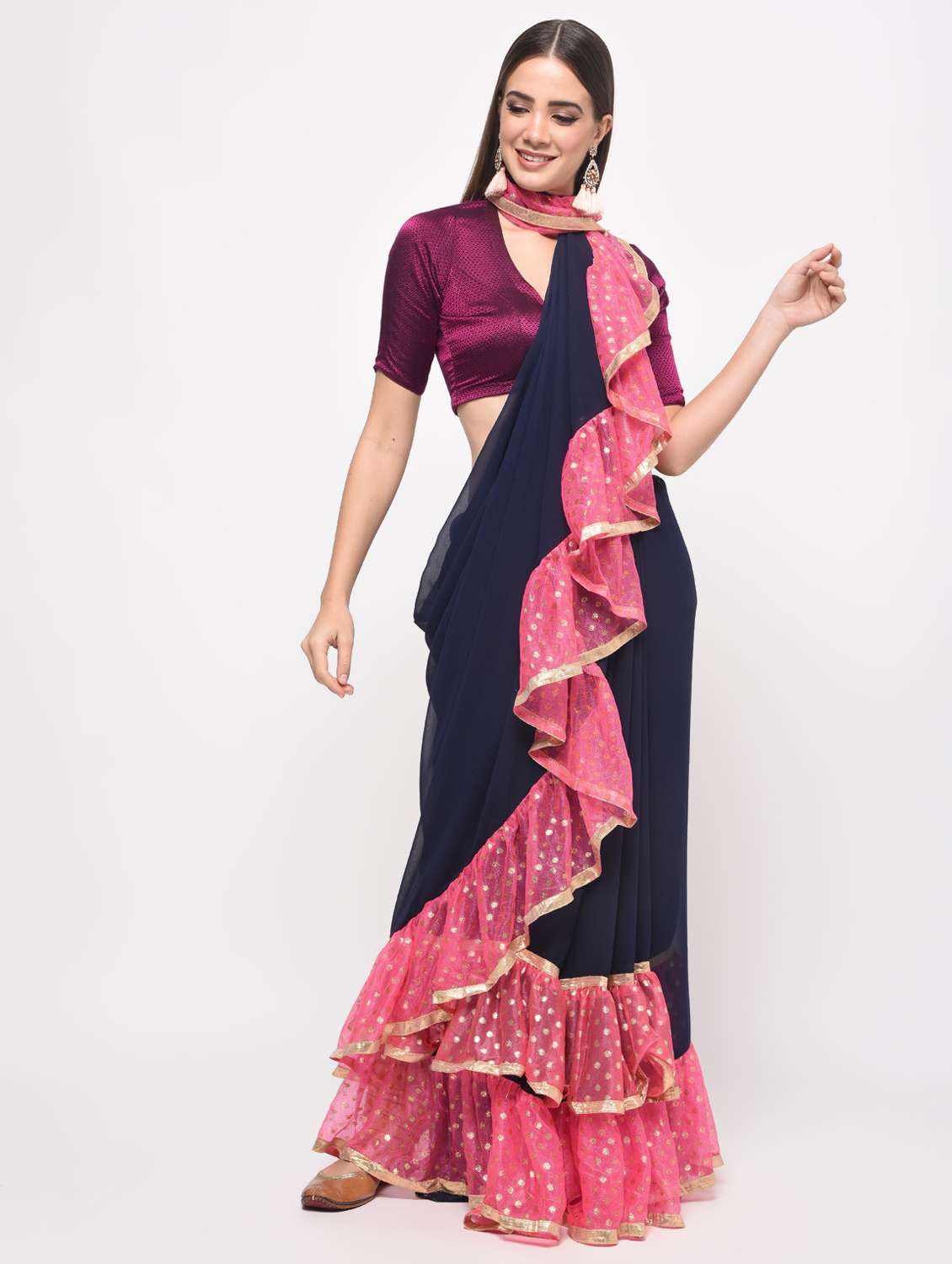 contrast ruffled plain saree with blouse