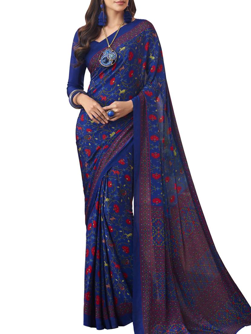 navy kalamkari printed saree with blouse