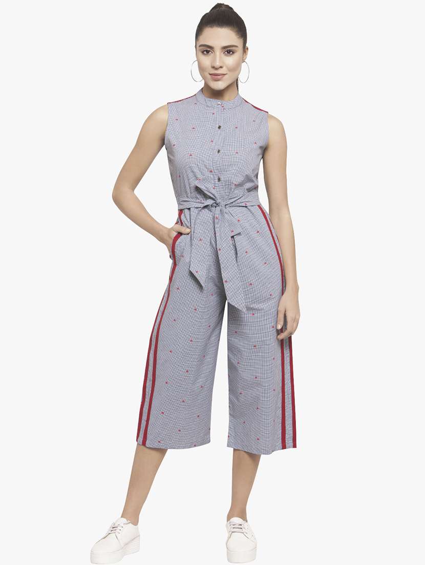 side taped tie front jumpsuit