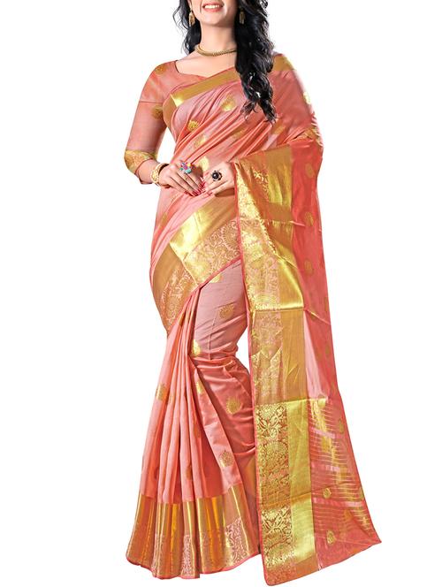 ethnic zari motifs peach kanjivaram saree with blouse - 16114510 - Standard Image - 0