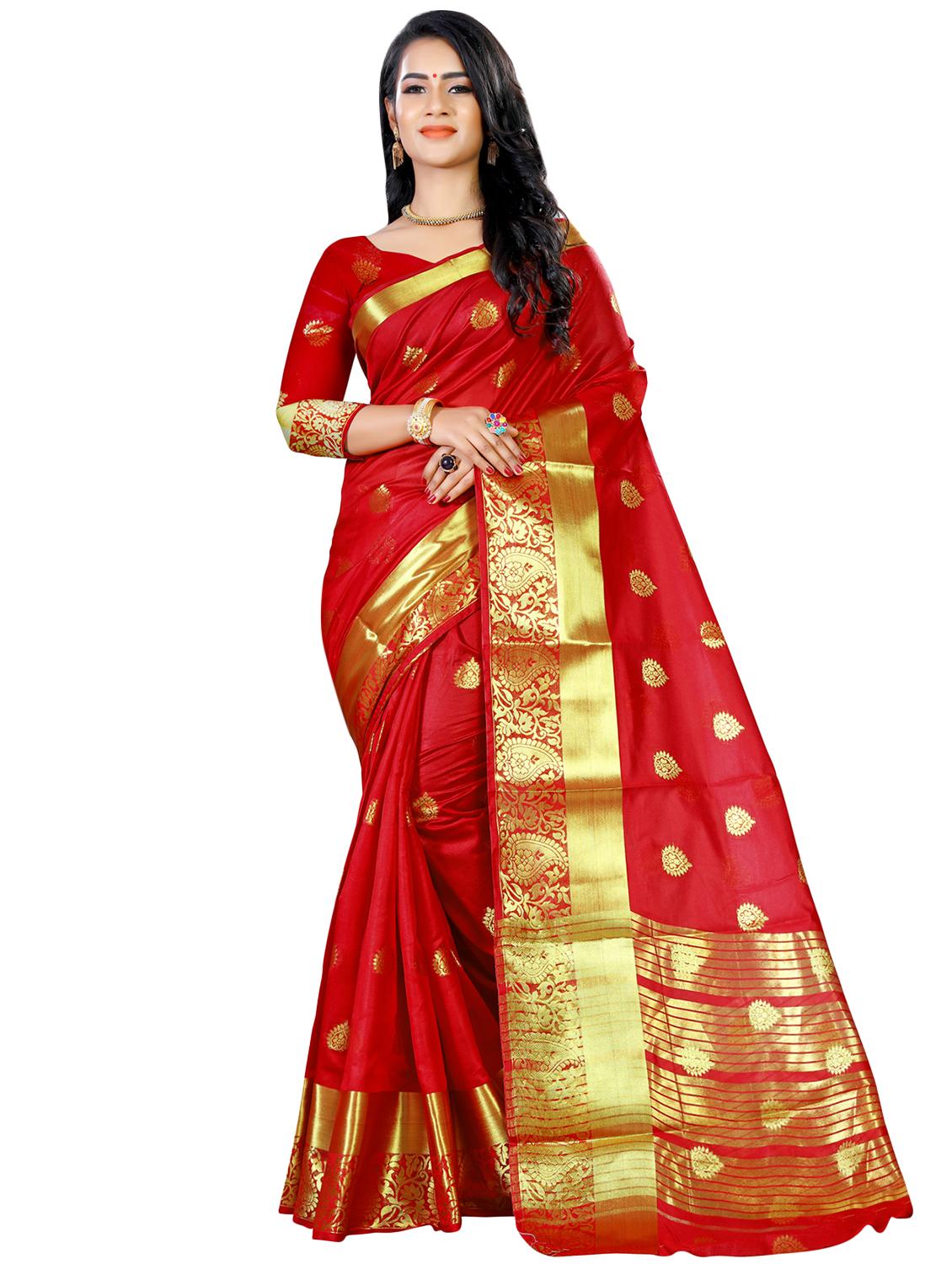 ethnic zari motifs red kanjivaram saree with blouse - 16114511 - Zoom Image - 0