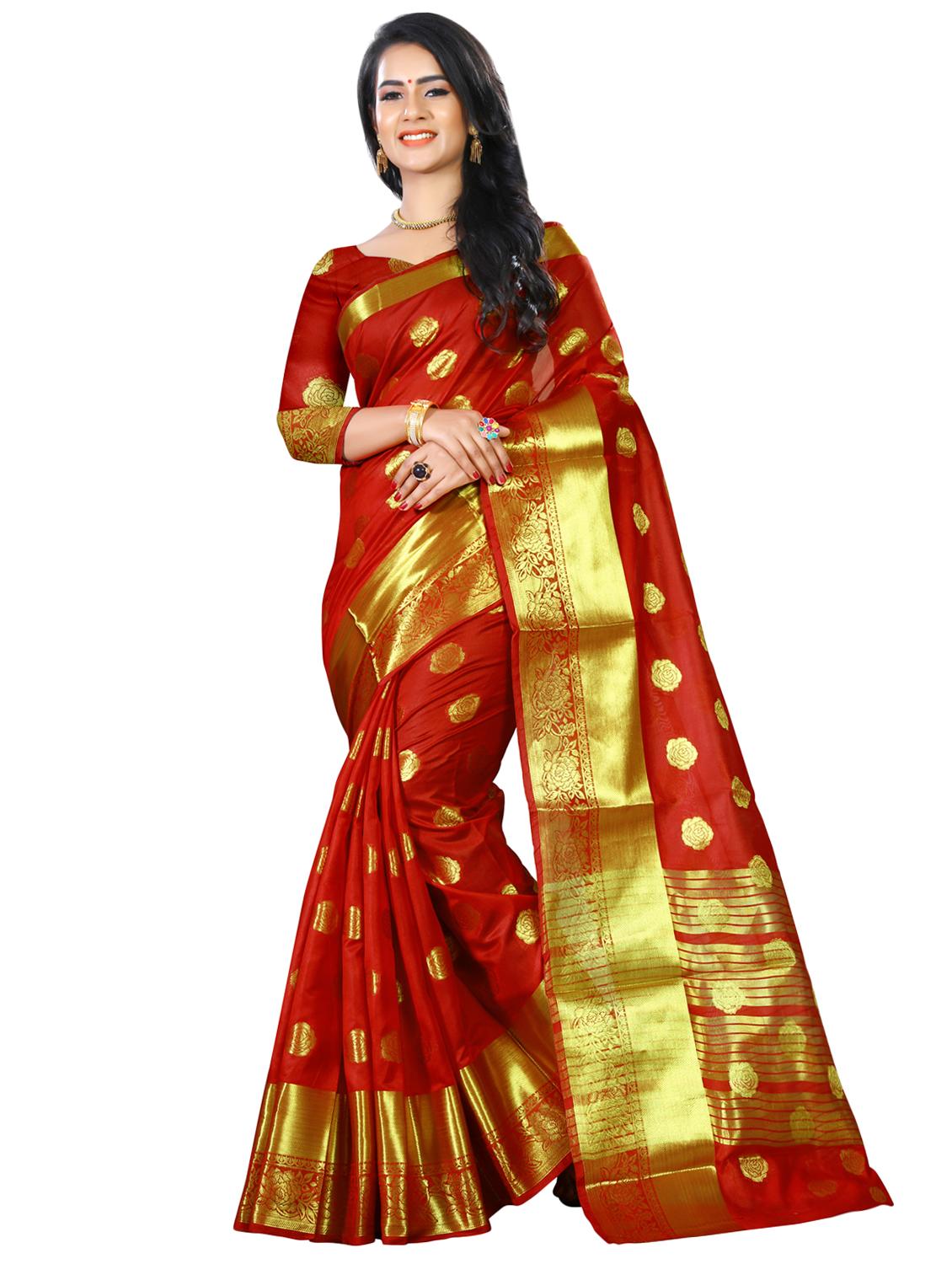 floral zari motifs red kanjivaram saree with blouse - 16114512 - Zoom Image - 0