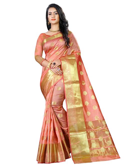 floral zari motifs peach kanjivaram saree with blouse - 16114516 - Standard Image - 0