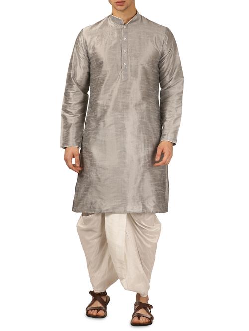 silver silk blend dhoti kurta set - 16114970 - Standard Image - 0
