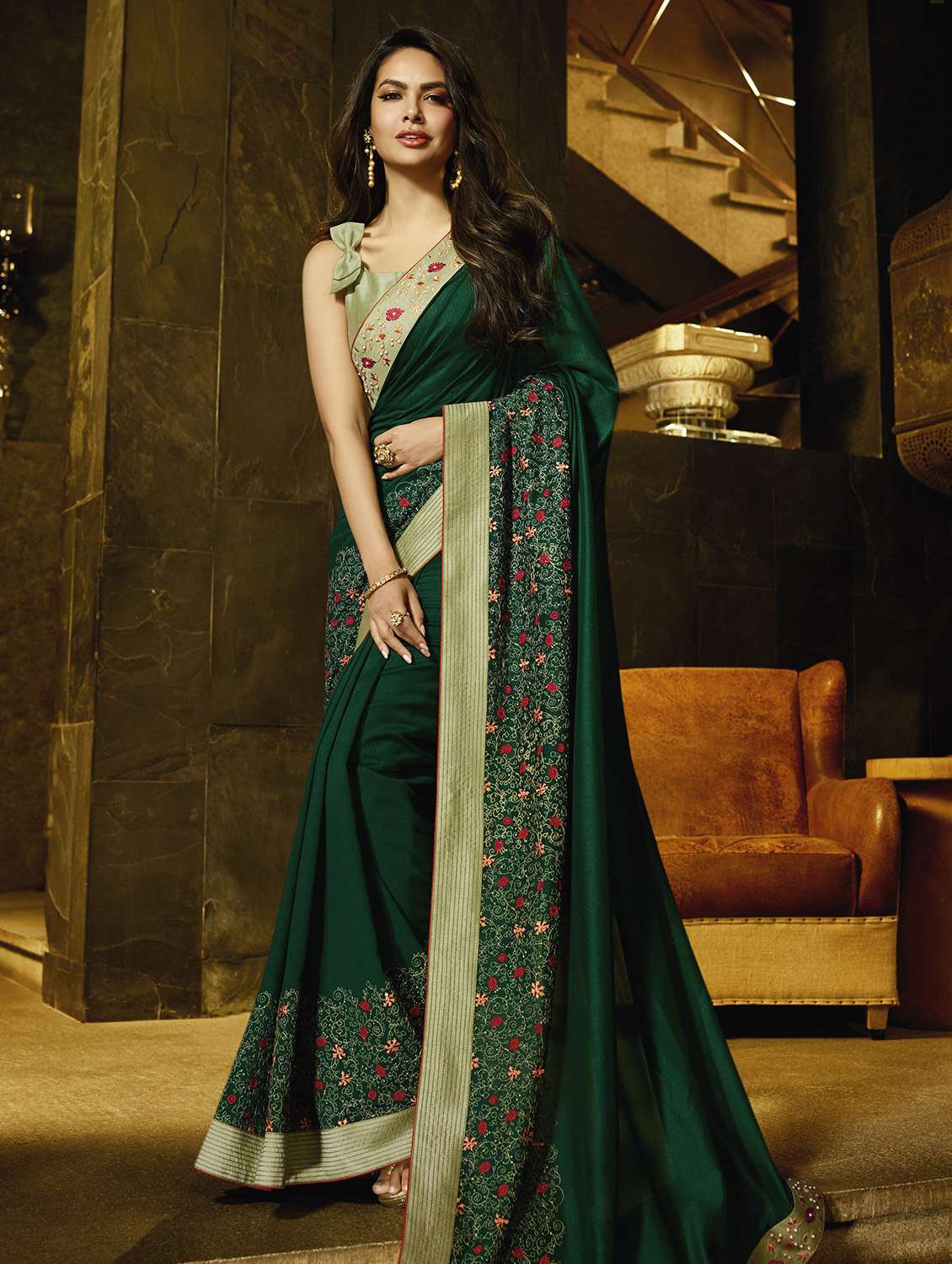 green floral embroidered saree