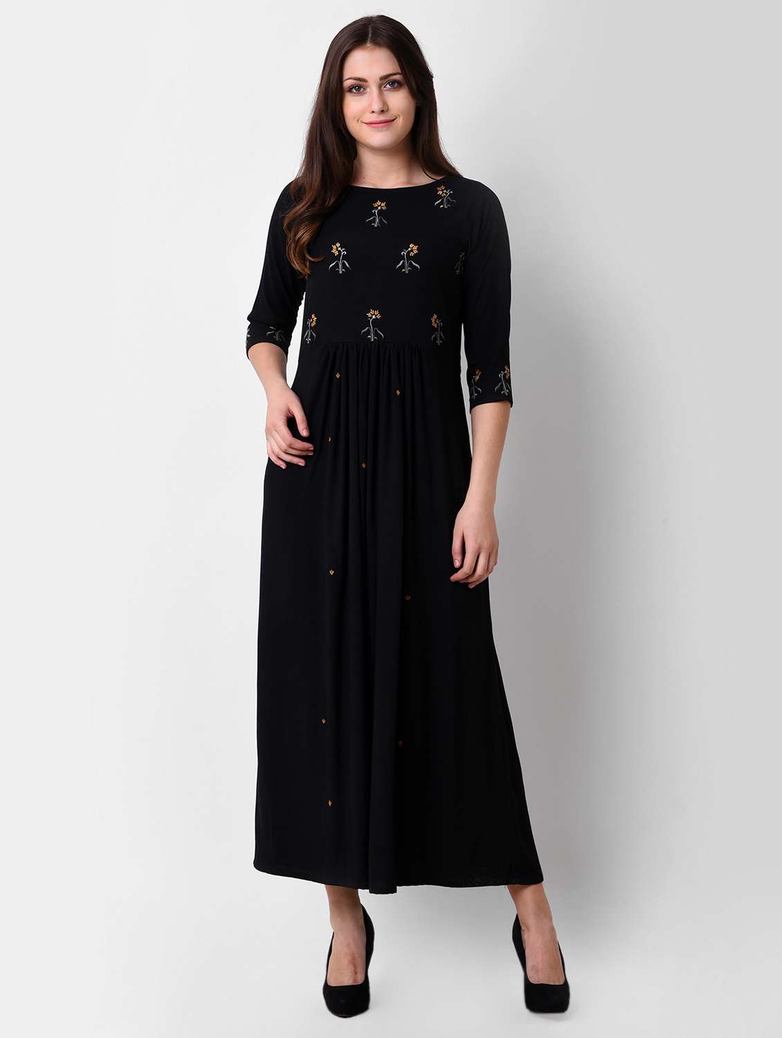 embroidered gathered maxi dress