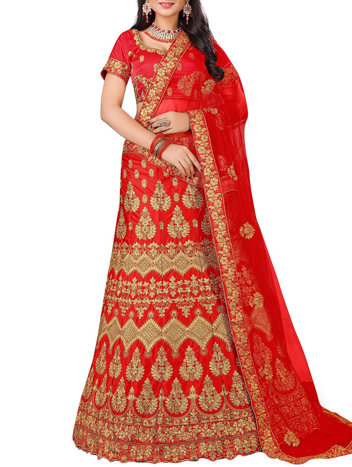 red embroidered  a-line lehenga