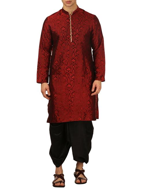 red silk blend dhoti kurta set - 16134942 -  Standard Image - 0