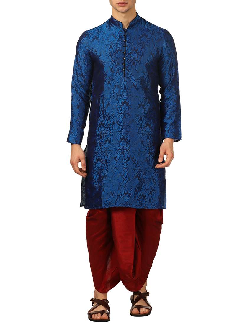 blue silk blend dhoti kurta set - 16134945 -  Zoom Image - 0
