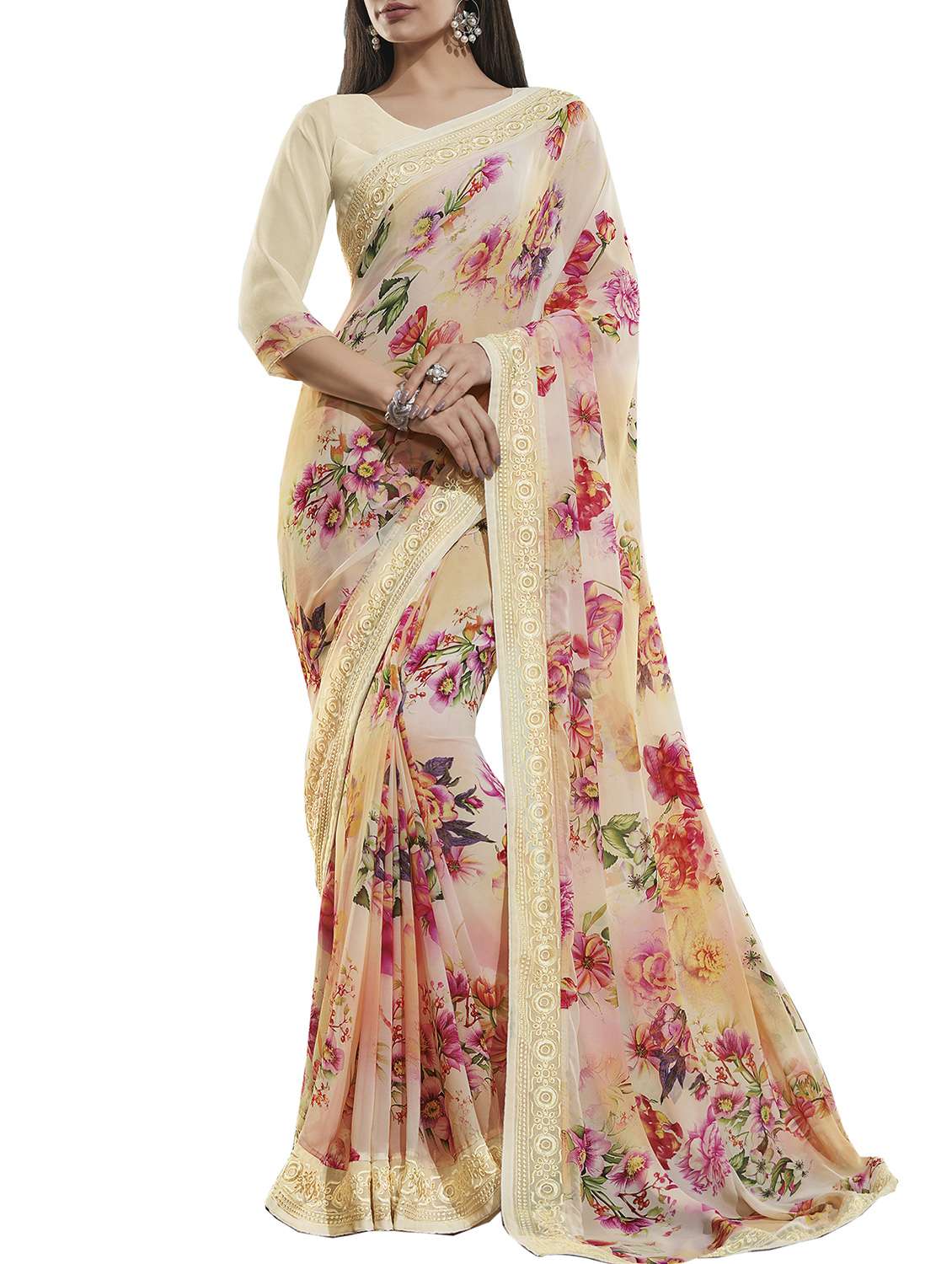 embroidered border floral printed saree with blouse