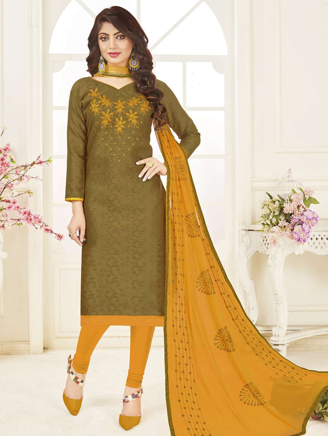embroidered churidaar unstitched suit - 16136184 - Zoom Image - 0