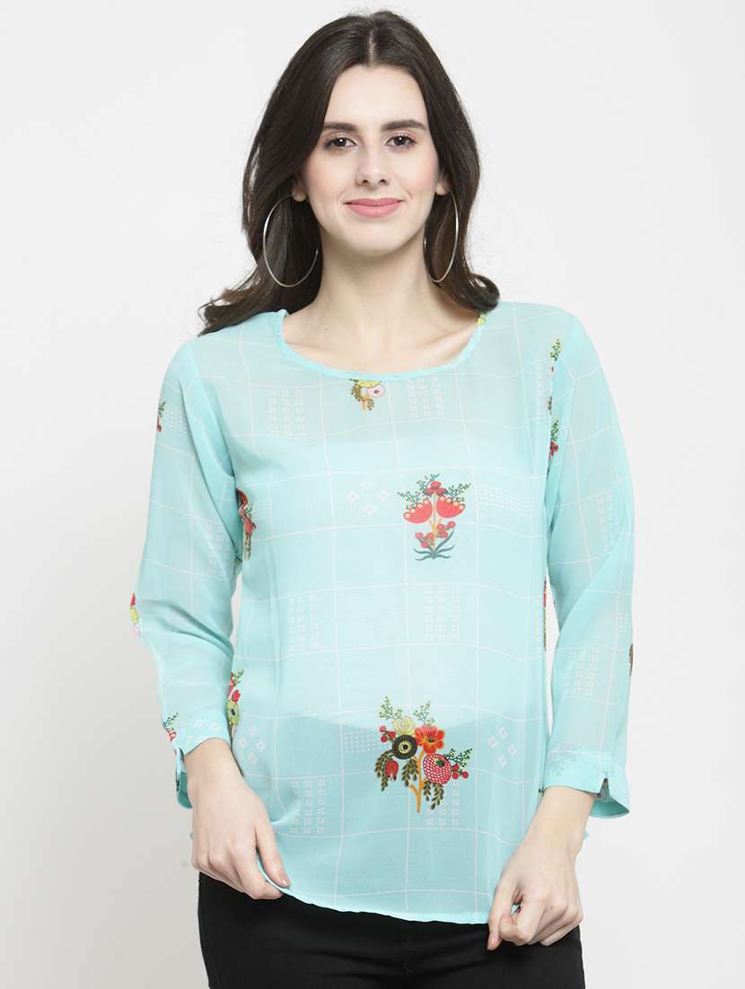 curved hem checkered floral top