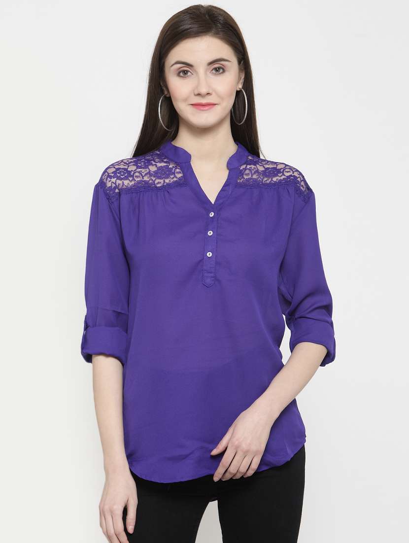 roll up sleeved lace panel top - 16158295 -  Zoom Image - 0