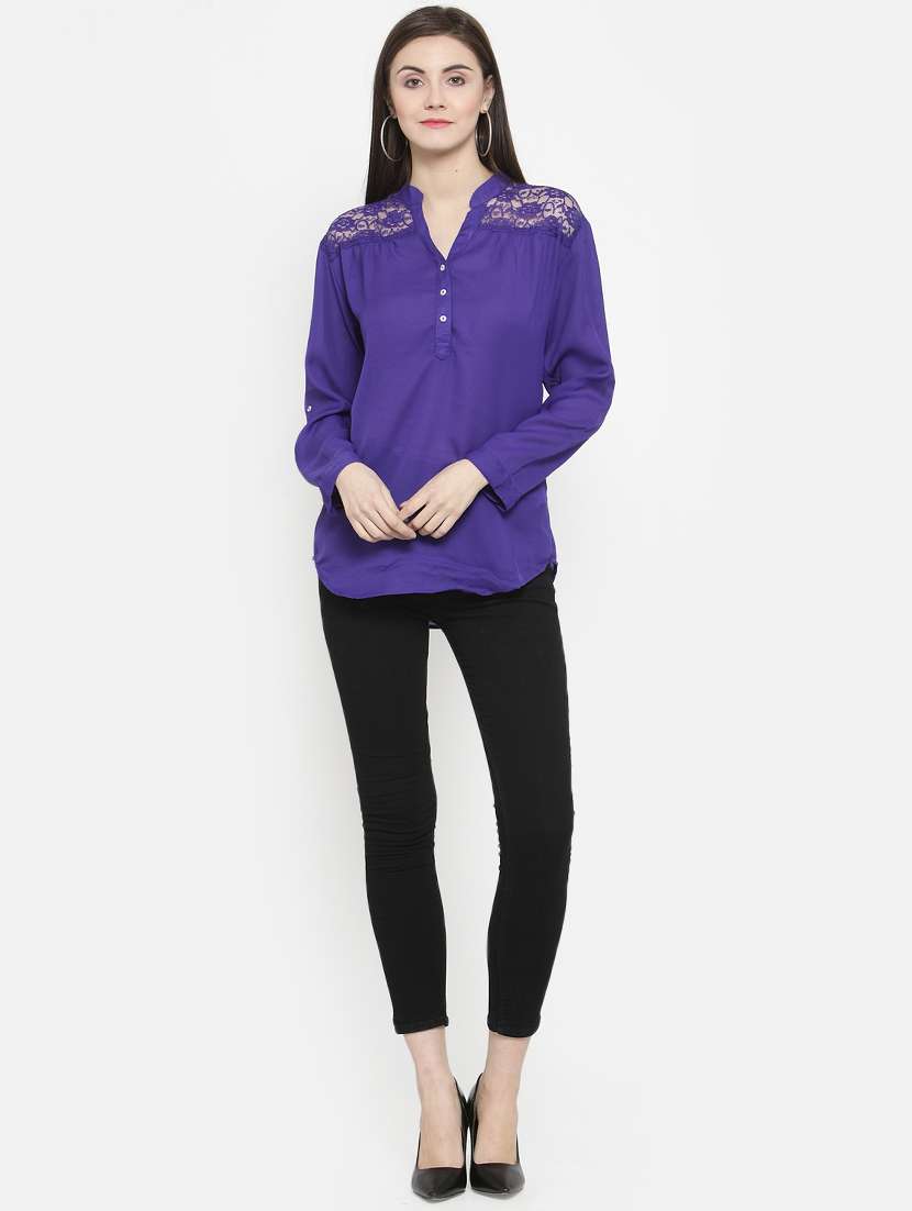roll up sleeved lace panel top - 16158295 - Standard Image - 3