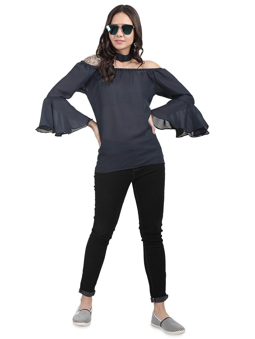 choker neck bell sleeved top - 16159054 - Standard Image - 3
