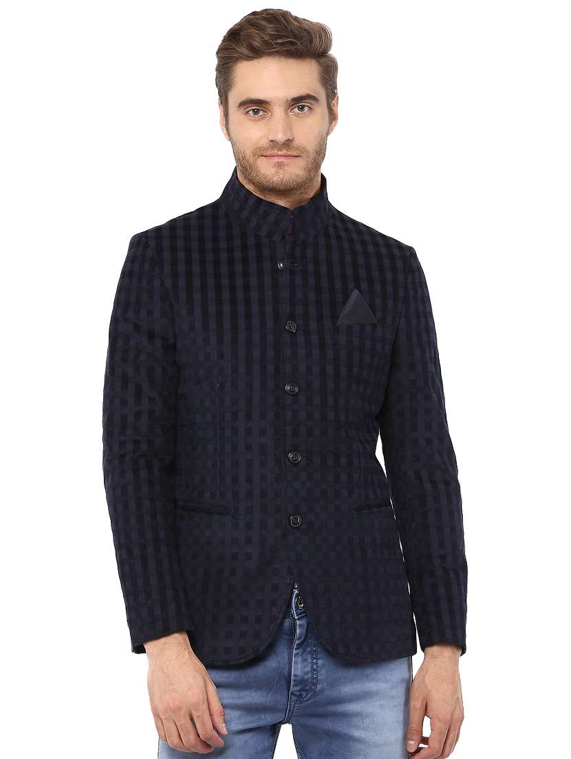 Buy online Blue Checkered Bandhgala Blazer from Blazers for Men by
