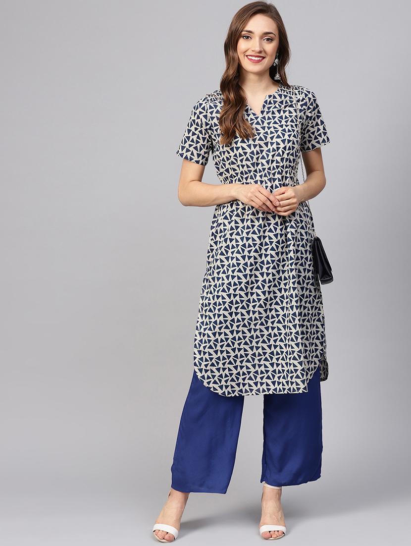blue geometrical kurta with palazzo set - 16165641 - Standard Image - 3