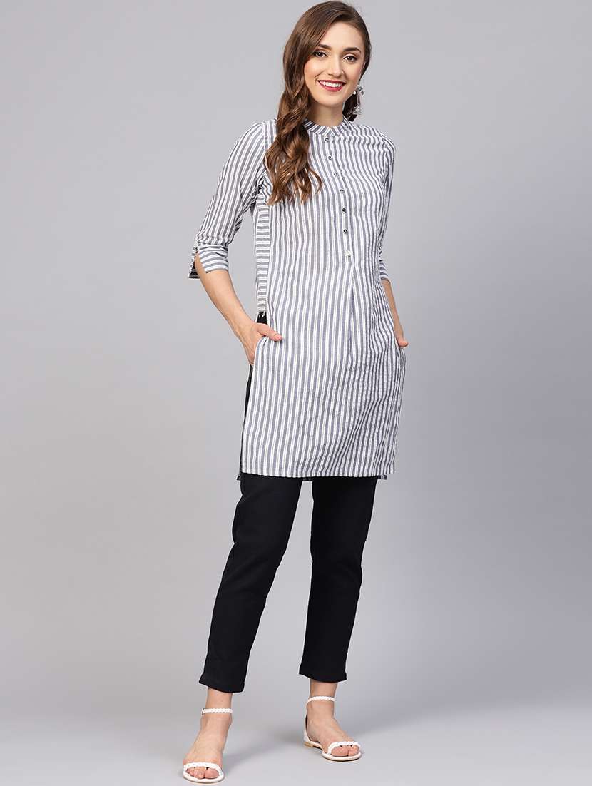 Buy online Grey Striped Kurta Pant Set from ethnic wear for Women by