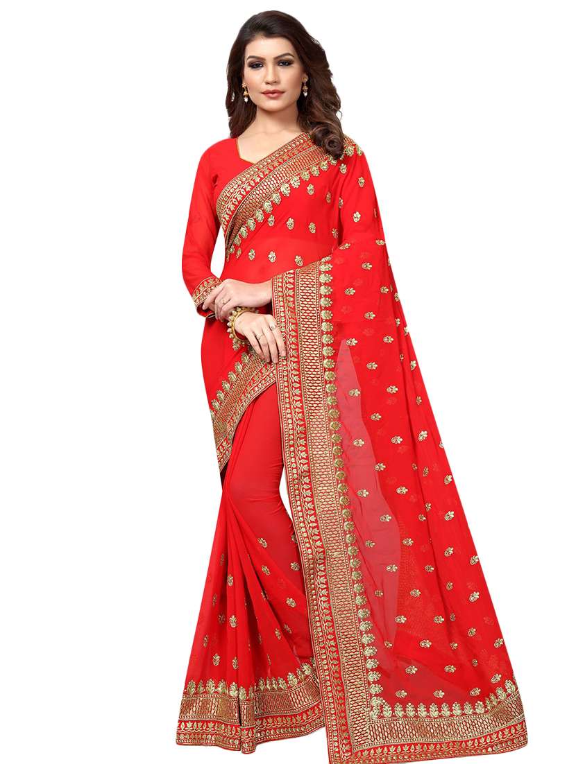 red georgette embroidered saree with blouse