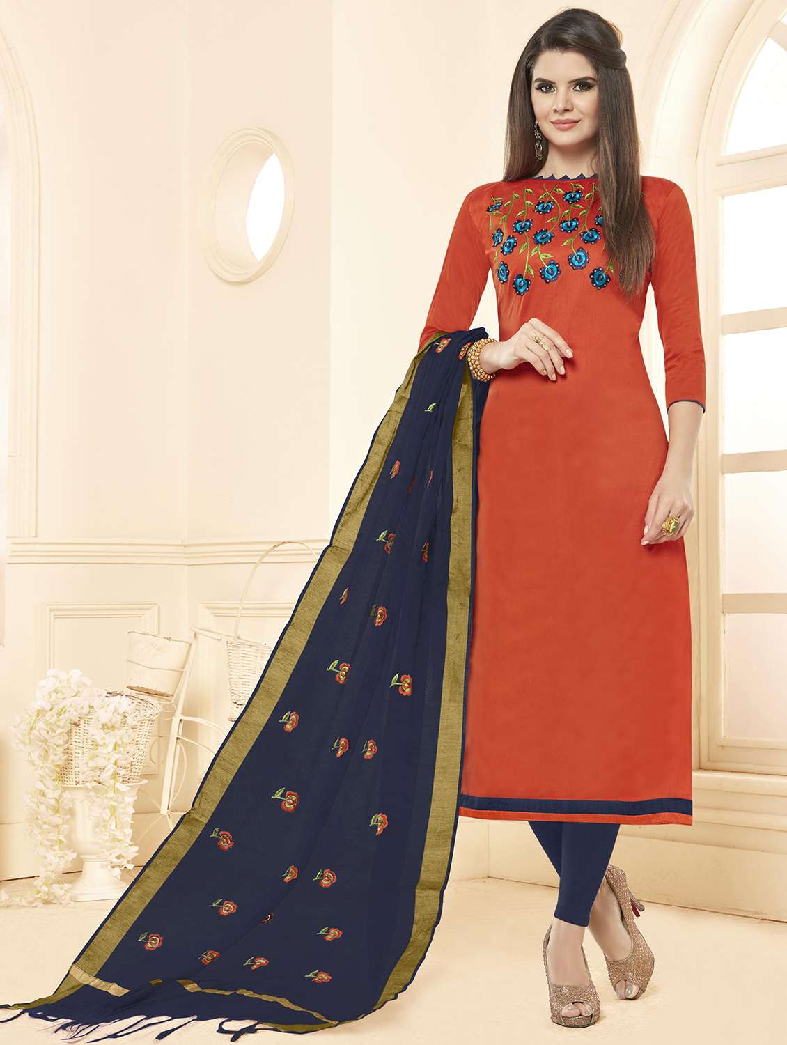 embroidered churidaar unstitched suit - 16169038 -  Zoom Image - 0