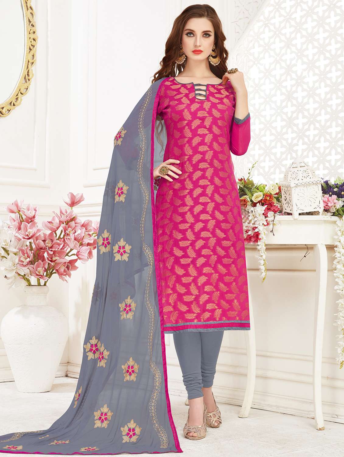 zari motifs semi-stitched churidaar suit - 16169070 - Zoom Image - 0