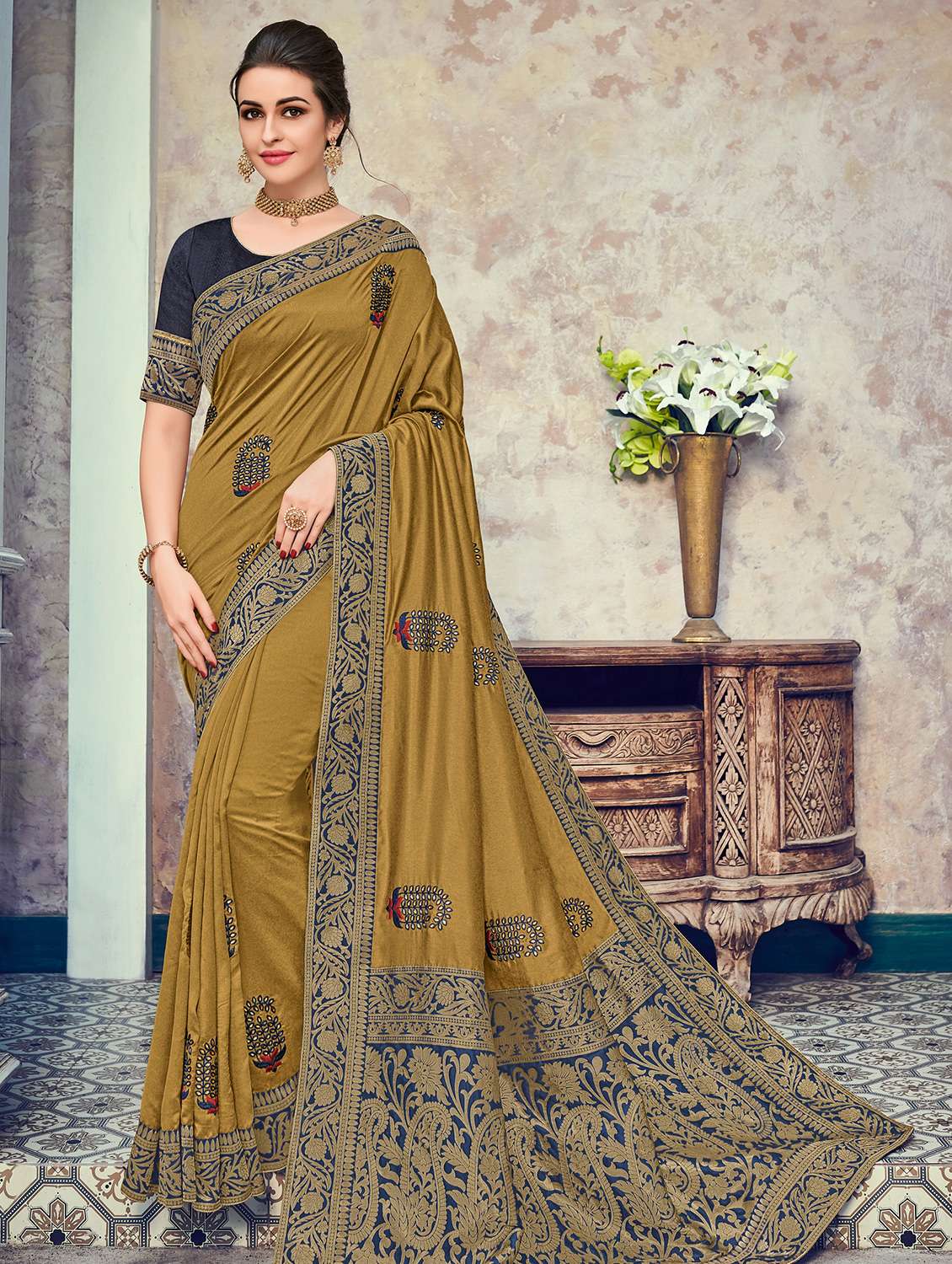 floral embroidered saree with blouse