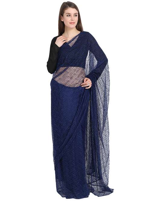 navy lace embroidered saree with blouse - 16171673 -  Standard Image - 0