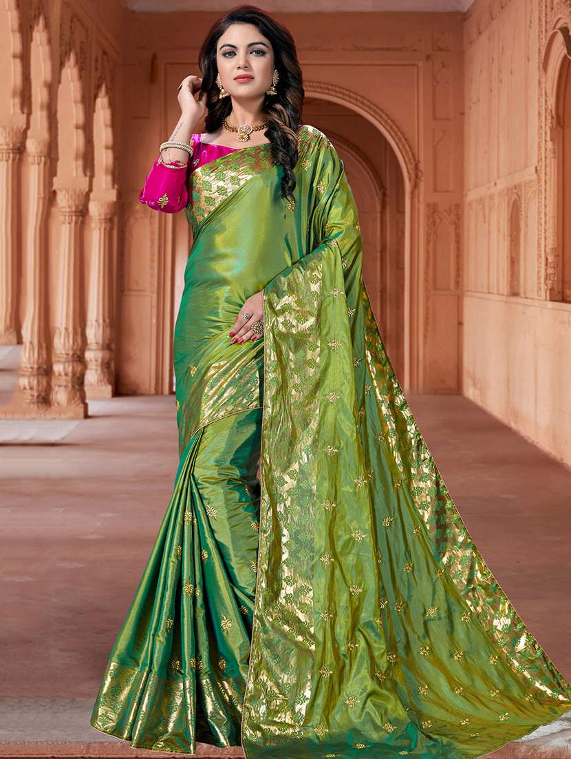 green silk embroidered saree with blouse