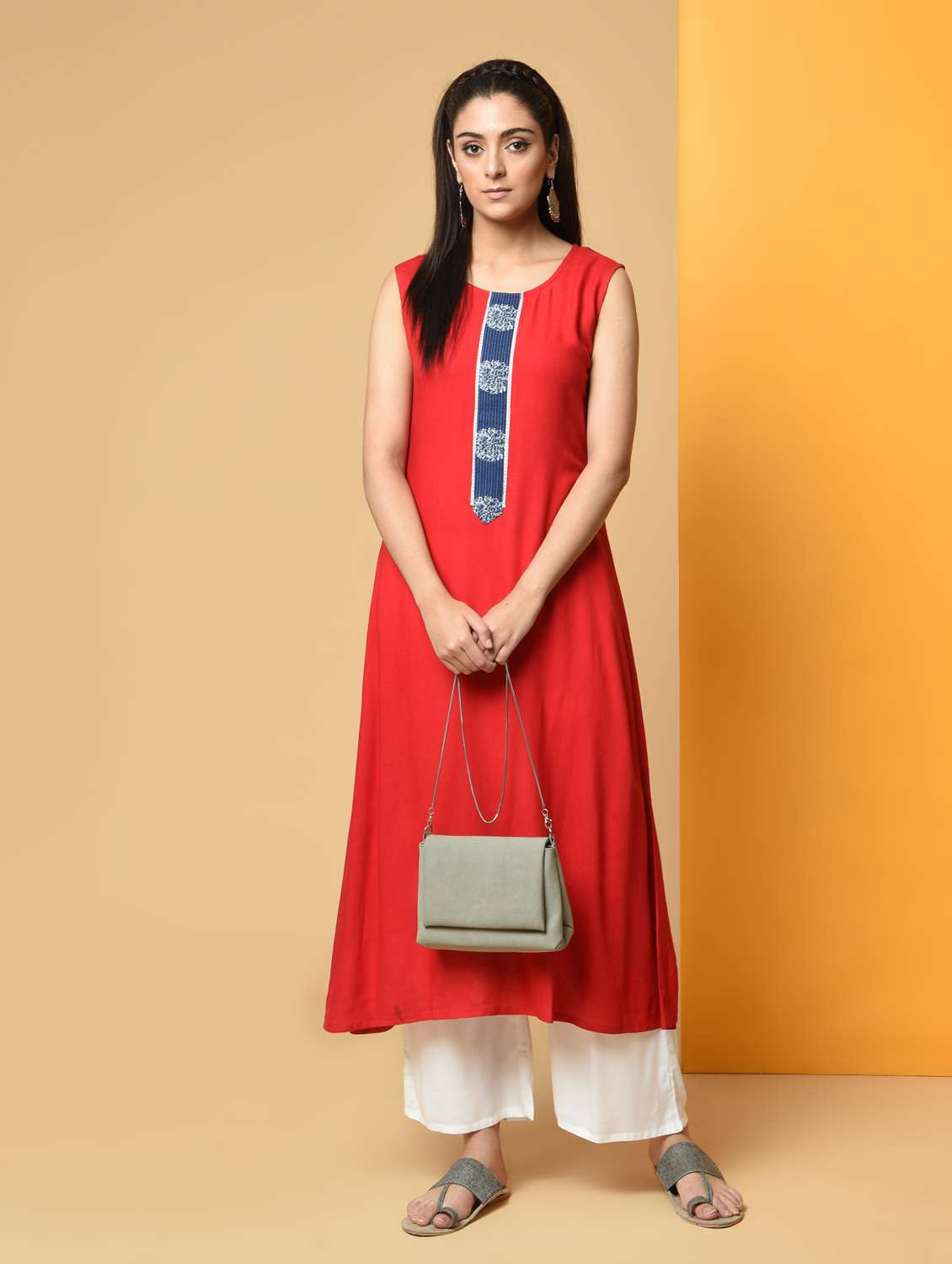 printed placket solid a-line kurta