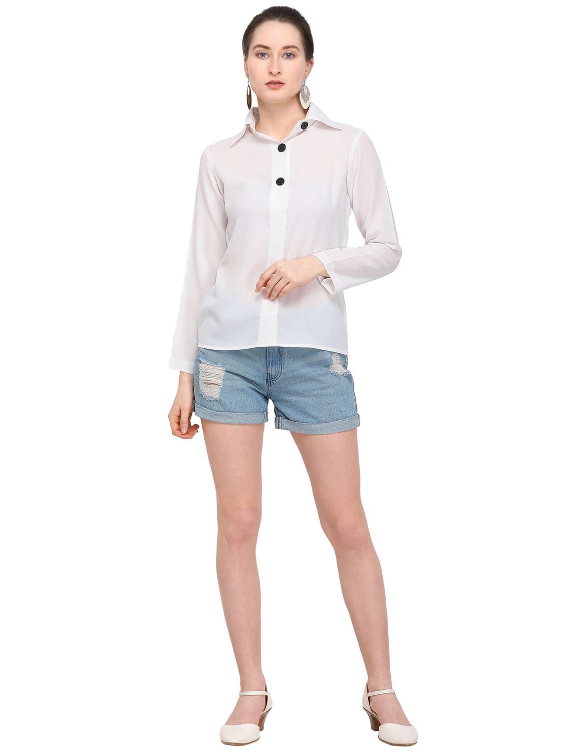 white solid button detail long sleeved shirt - 16204344 -  Standard Image - 3