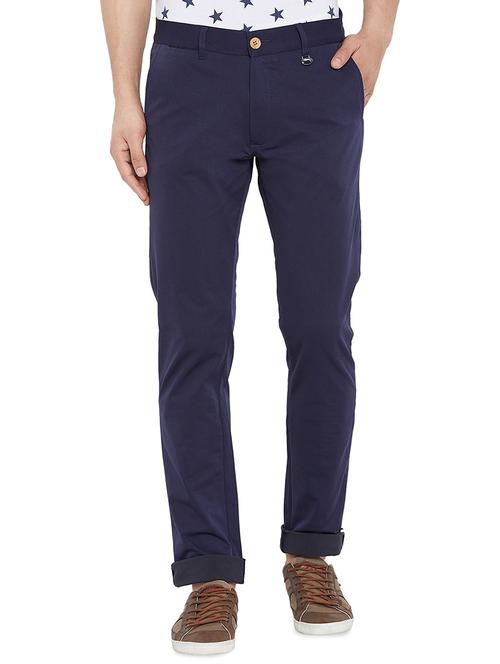 navy blue solid chinos casual trouser - 16214499 - Standard Image - 0