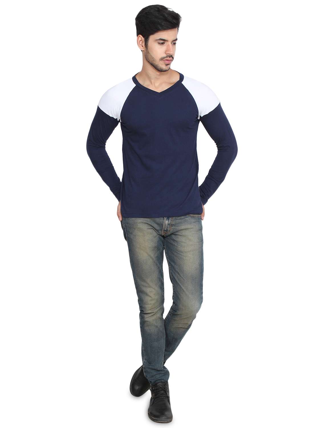 navy blue color block raglan t-shirt - 16219552 -  Standard Image - 3