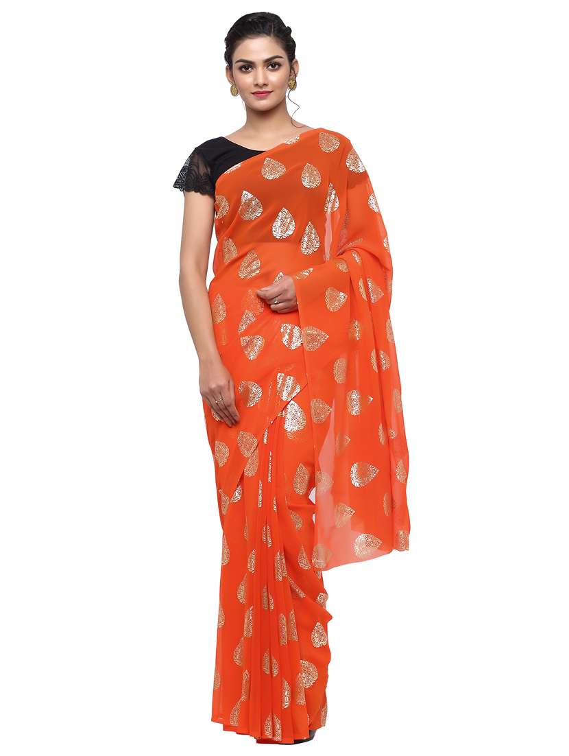 women's foil print orange colored saree with blouse