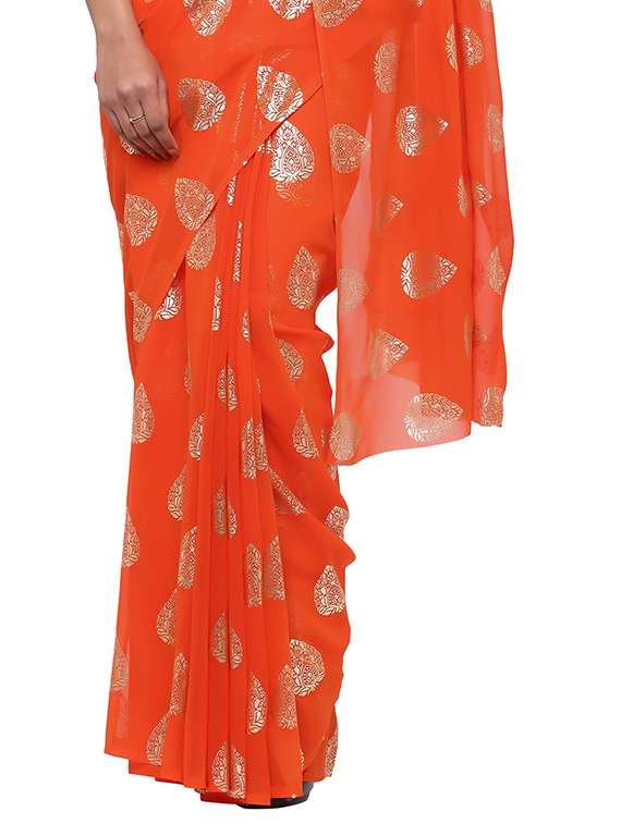 women's foil print orange colored saree with blouse - 16222479 -  Standard Image - 3