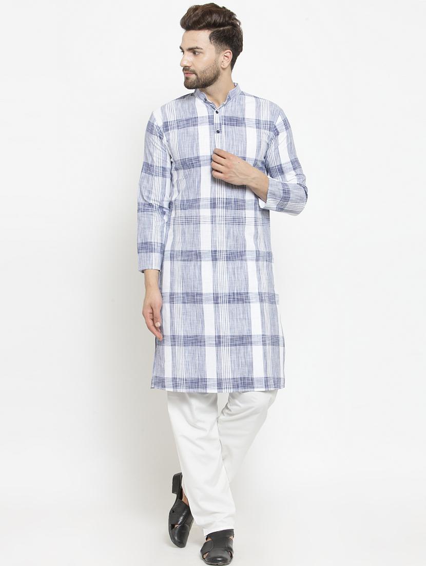 light blue checkered long kurta - 16227380 -  Zoom Image - 0